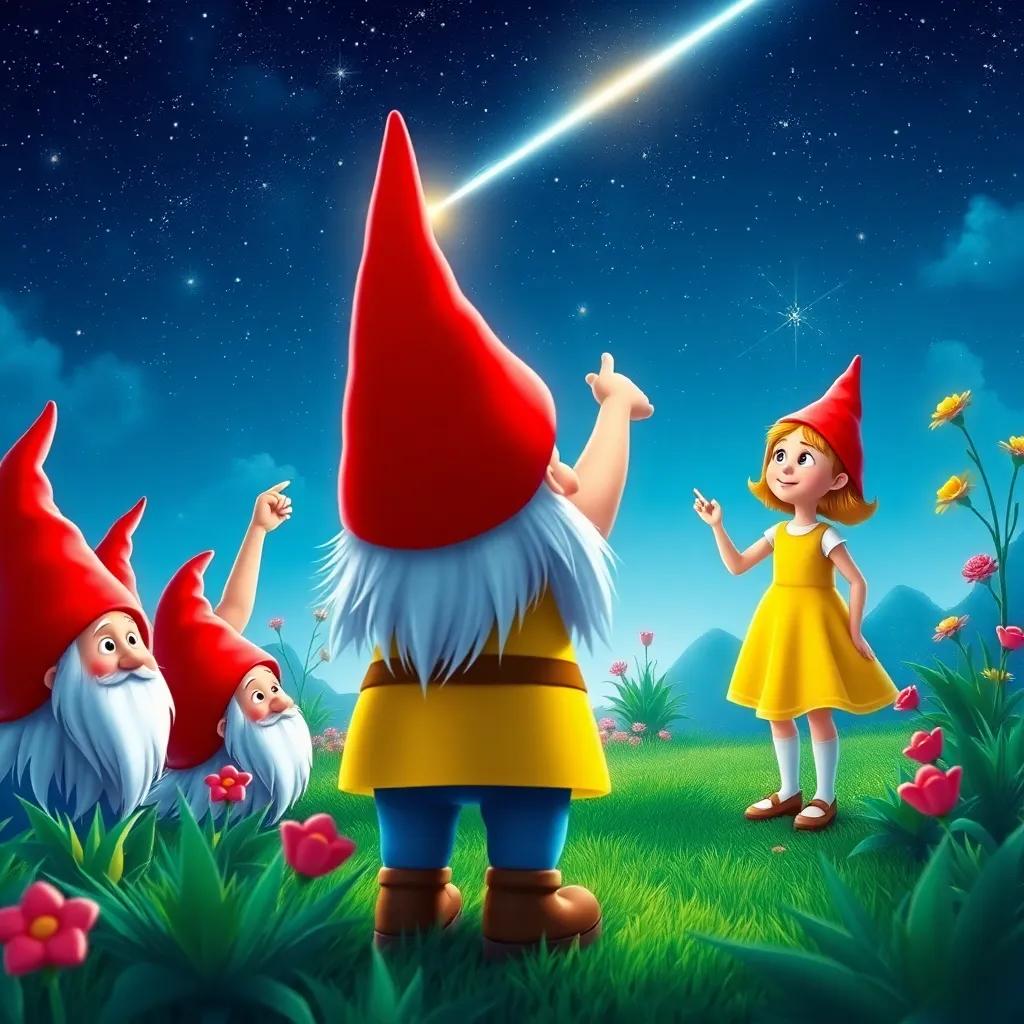 Gnomes with red hats in a garden, pointing at a bright shooting star in the night sky while Patty, a girl in a yellow dress, looks up in wonder, bright colors, whimsical scene, magical atmosphere, high quality
