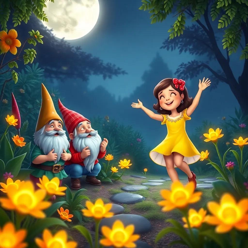 Garden gnomes singing a sweet song while Patty, a girl in a yellow dress, dances happily among glowing flowers under the moonlight, enchanting scene, colorful and lively, high quality