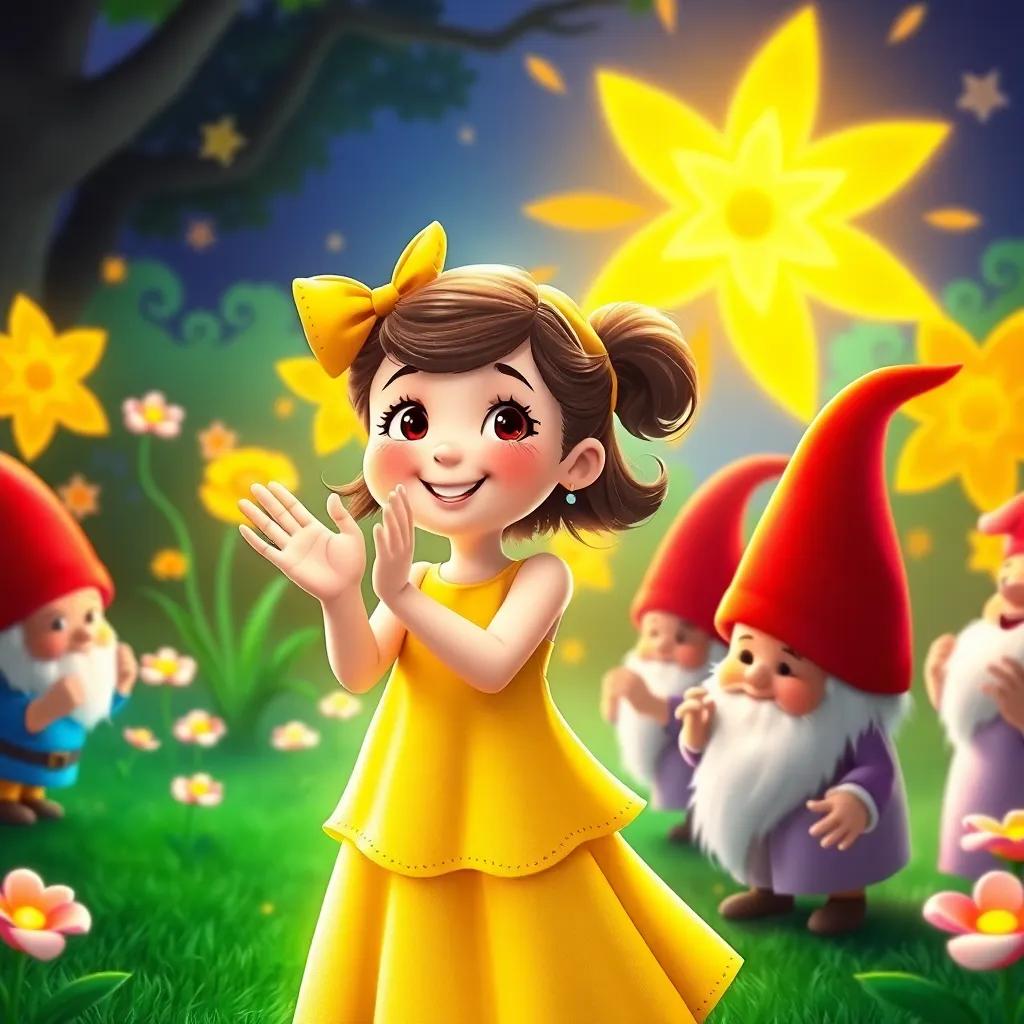 Patty, a girl in a yellow dress, clapping her hands while dancing with gnomes, surrounded by glowing flowers and twinkling stars in a magical garden, cheerful atmosphere, vibrant colors, high quality