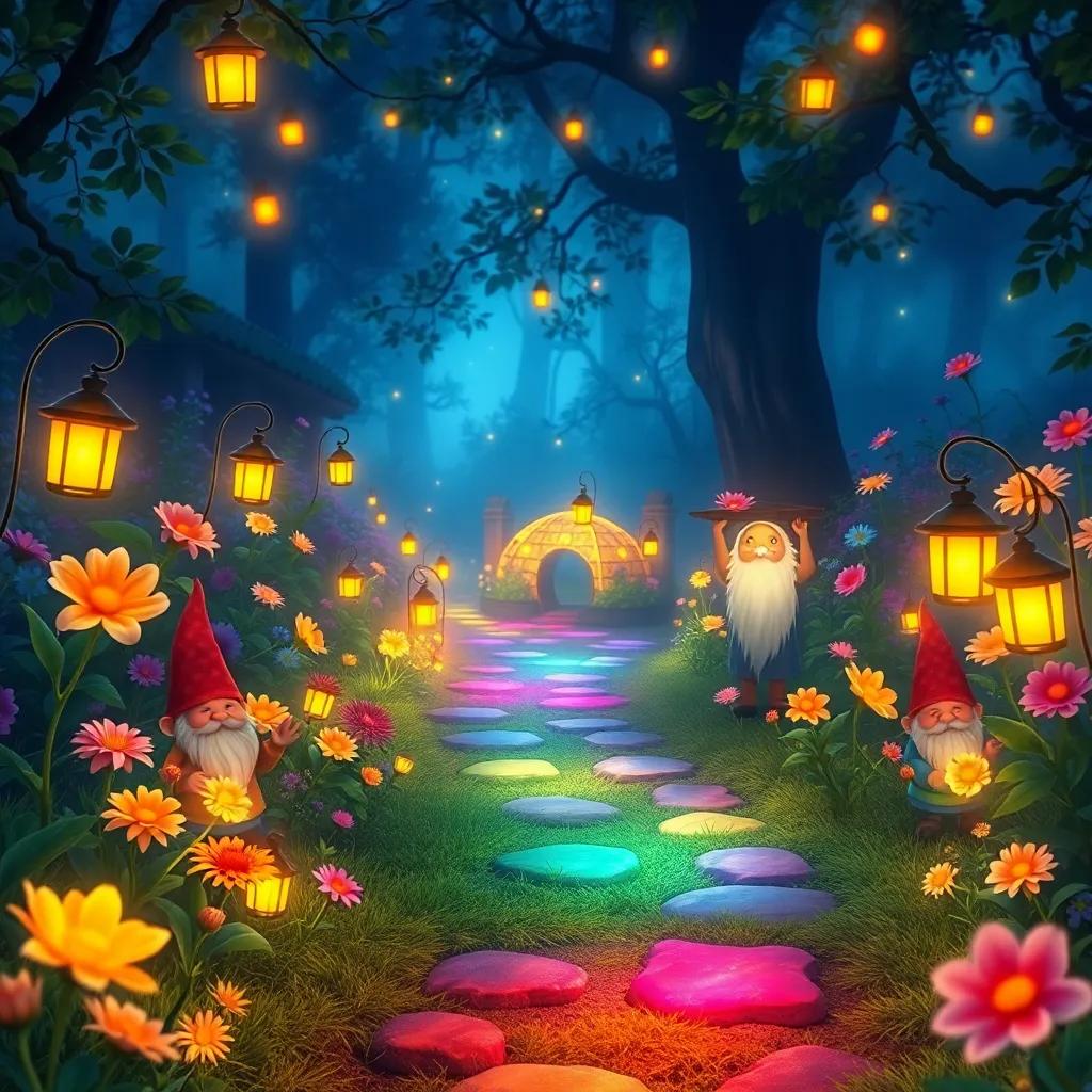 A hidden path in a magical garden lit by tiny lanterns held by gnomes and Patty, surrounded by flowers glowing in rainbow colors, enchanting scene, bright and whimsical, high quality