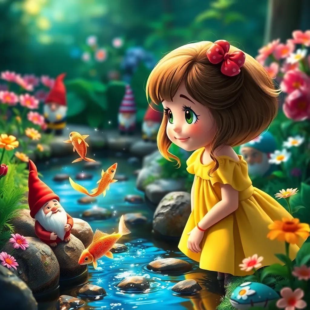 Patty, a girl in a yellow dress, gazing at shimmering fish in a tiny stream with garden gnomes, sparkling water, beautiful flowers, joyful expression, vibrant colors, high quality