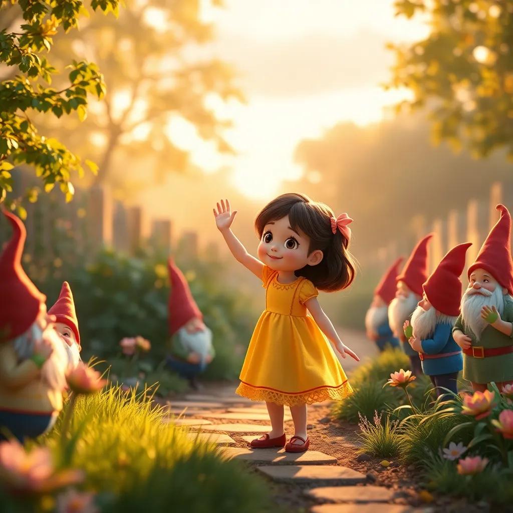 Patty, a girl in a yellow dress, waving goodbye to dancing gnomes at the edge of her garden as dawn breaks, warm sunlight, soft colors of morning, heartwarming scene, high quality