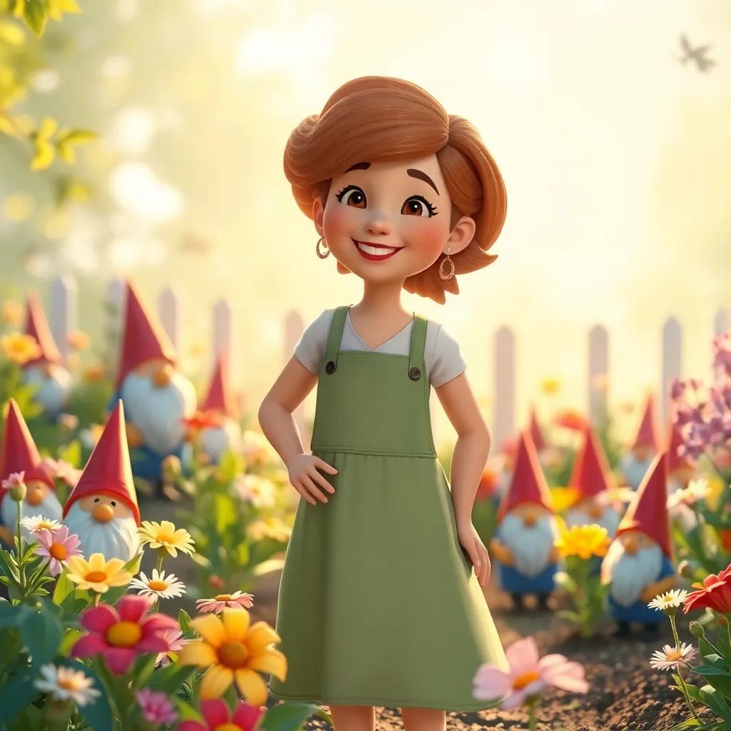 Patty standing in her garden with a smile, surrounded by flowers and gnomes fading into the morning light, bright colors, joyful atmosphere, high quality