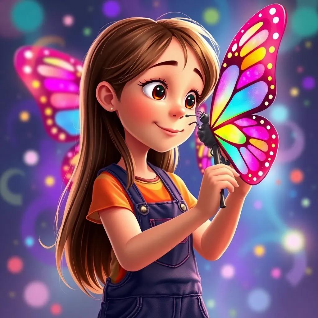 A young girl, Patty, with long brown hair, wearing a colorful tshirt and overalls, painting a big, colorful butterfly that comes to life, vibrant colors swirling around her, illustration, magical and bright setting