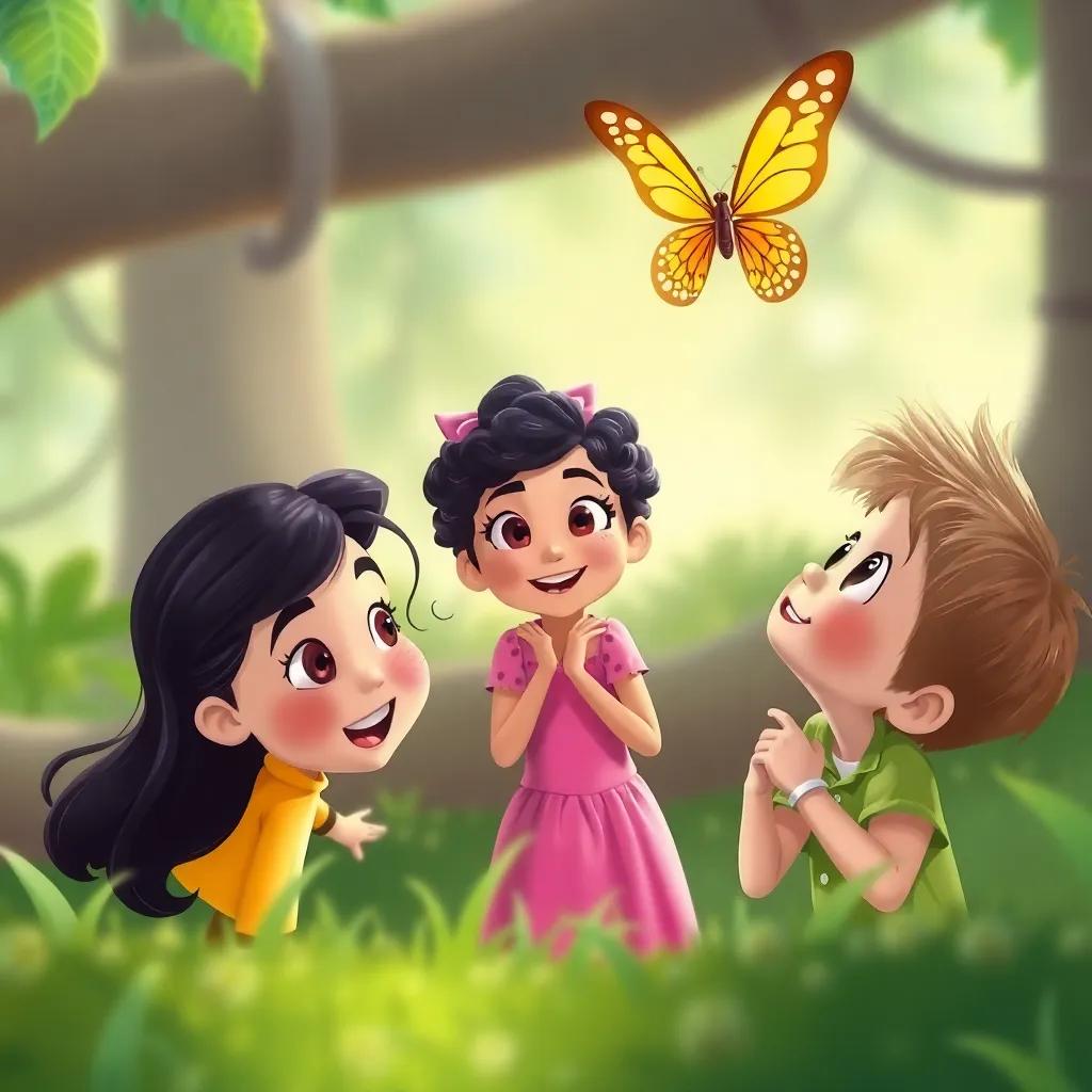 Three friends, Patty, Mia (a girl with curly black hair, wearing a pink dress) and Jake (a boy with short blond hair, wearing a green shirt), looking amazed at the magic happening as the butterfly flutters around them, fun and playful atmosphere, digital illustration