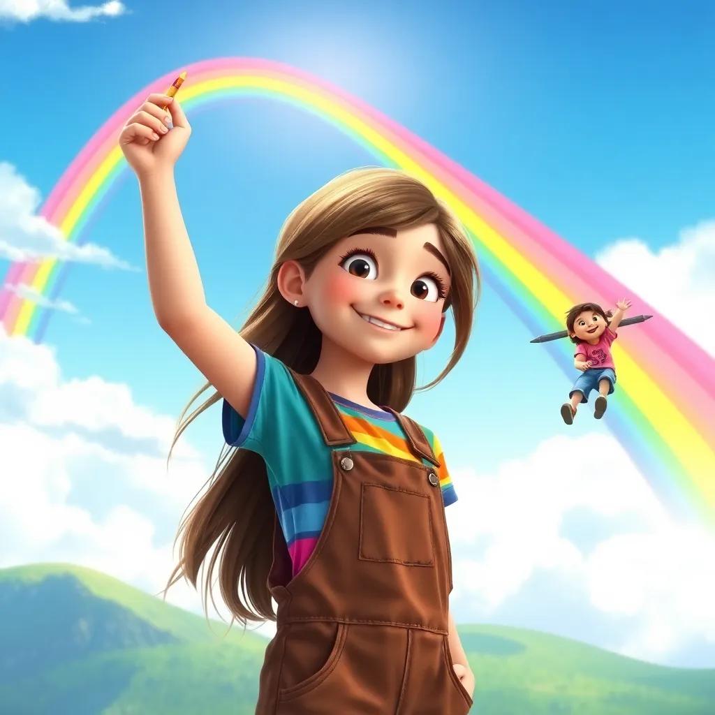 A young girl, Patty, with long brown hair, wearing a colorful tshirt and overalls, painting a bright rainbow stretching high in the sky with Mia and Jake joyfully sliding down, colorful and adventurous scene, cheerful and lively