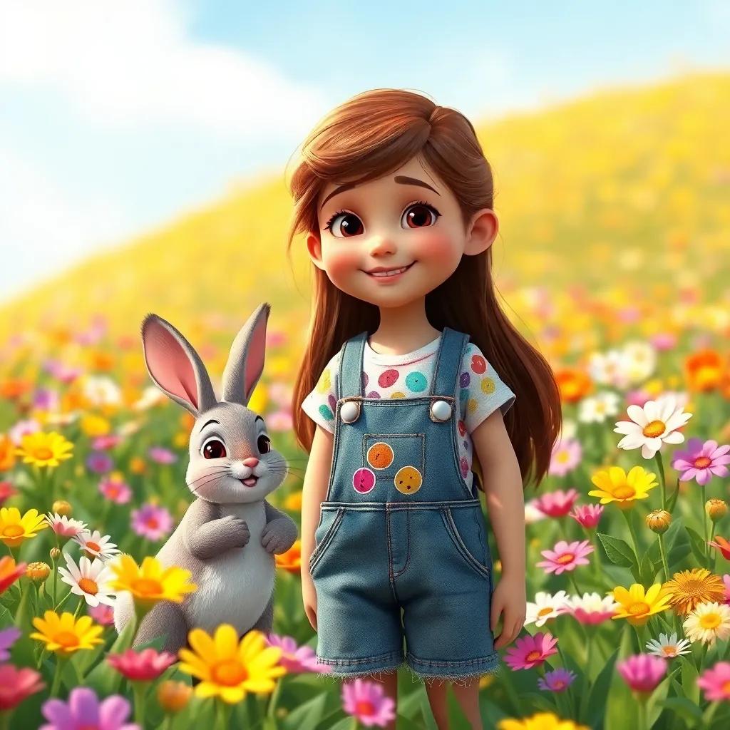 A young girl, Patty, with long brown hair, wearing a colorful tshirt and overalls, standing in a vibrant flower field with a friendly bunny that she painted hopping around, flowers in multiple colors blooming around them, joyful atmosphere, digital art