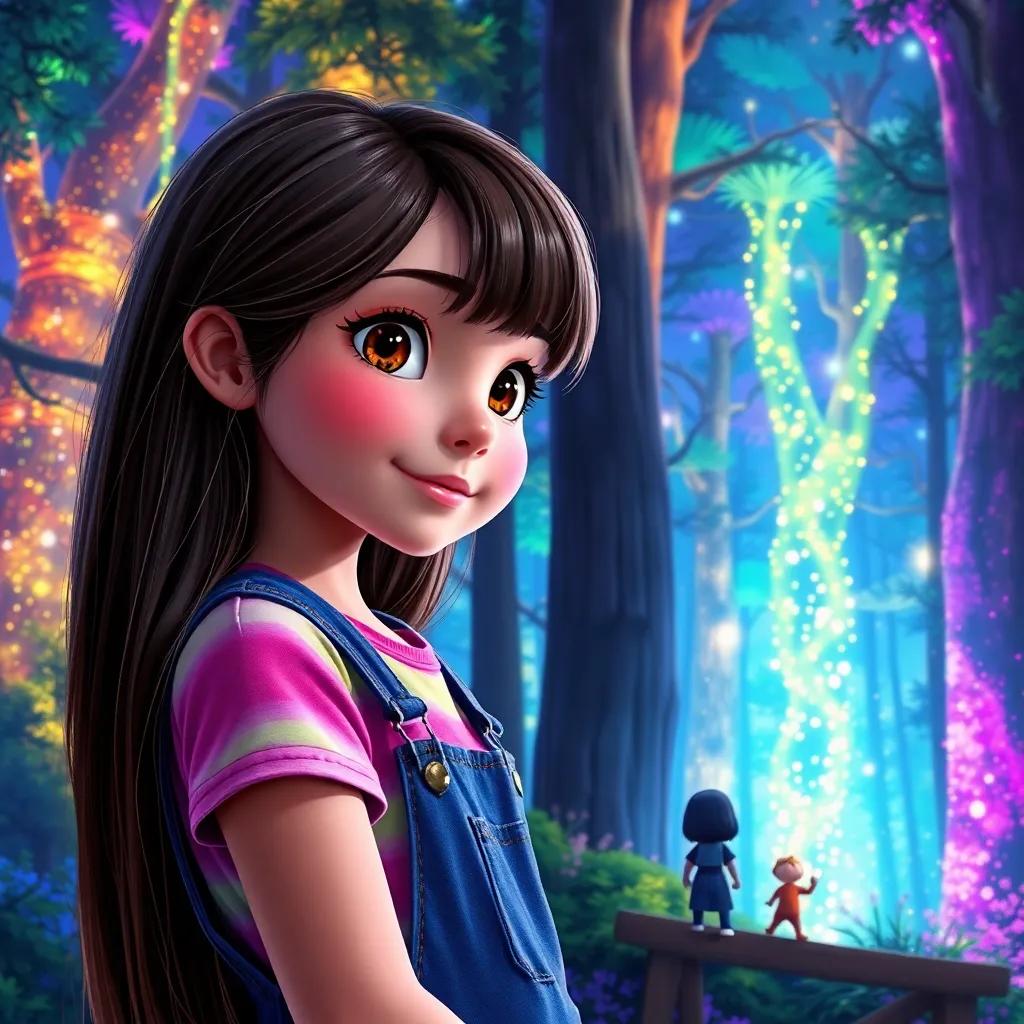 A young girl, Patty, with long brown hair, wearing a colorful tshirt and overalls, painting a sparkling magic forest with colorful glowing trees, Mia and Jake amazed at the beauty surrounding them, enchanting forest scene, bright and colorful