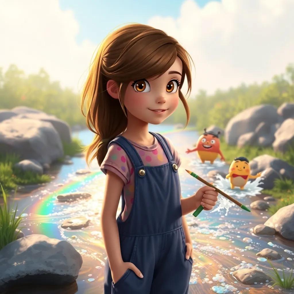 A young girl, Patty, with long brown hair, wearing a colorful tshirt and overalls, painting a shimmering stream flowing with rainbow water as Mia and Jake splash around giddily, magical and serene setting, digital illustration