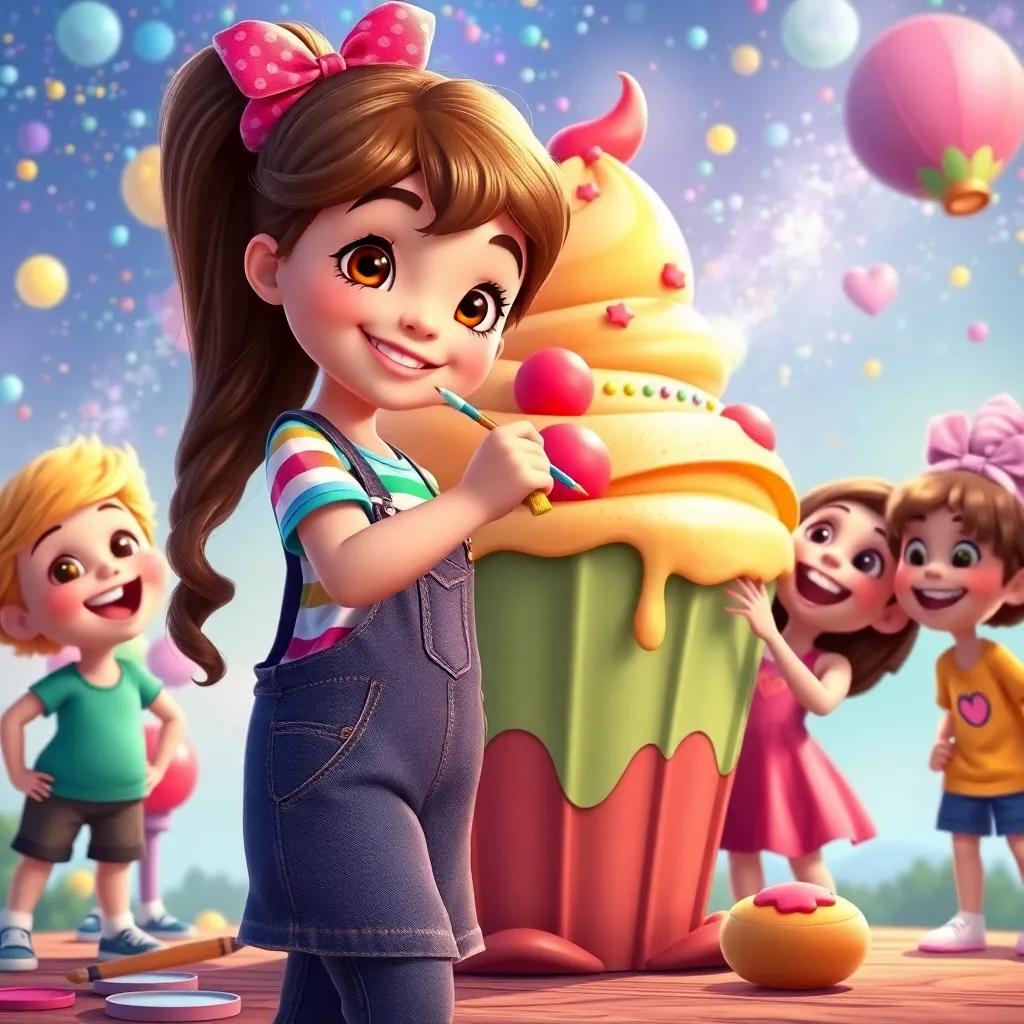 A young girl, Patty, with long brown hair, wearing a colorful tshirt and overalls, painting a giant cupcake in the magic world, her friends excitedly taking a bite with big smiles, vibrant and sweet atmosphere, joyful illustration
