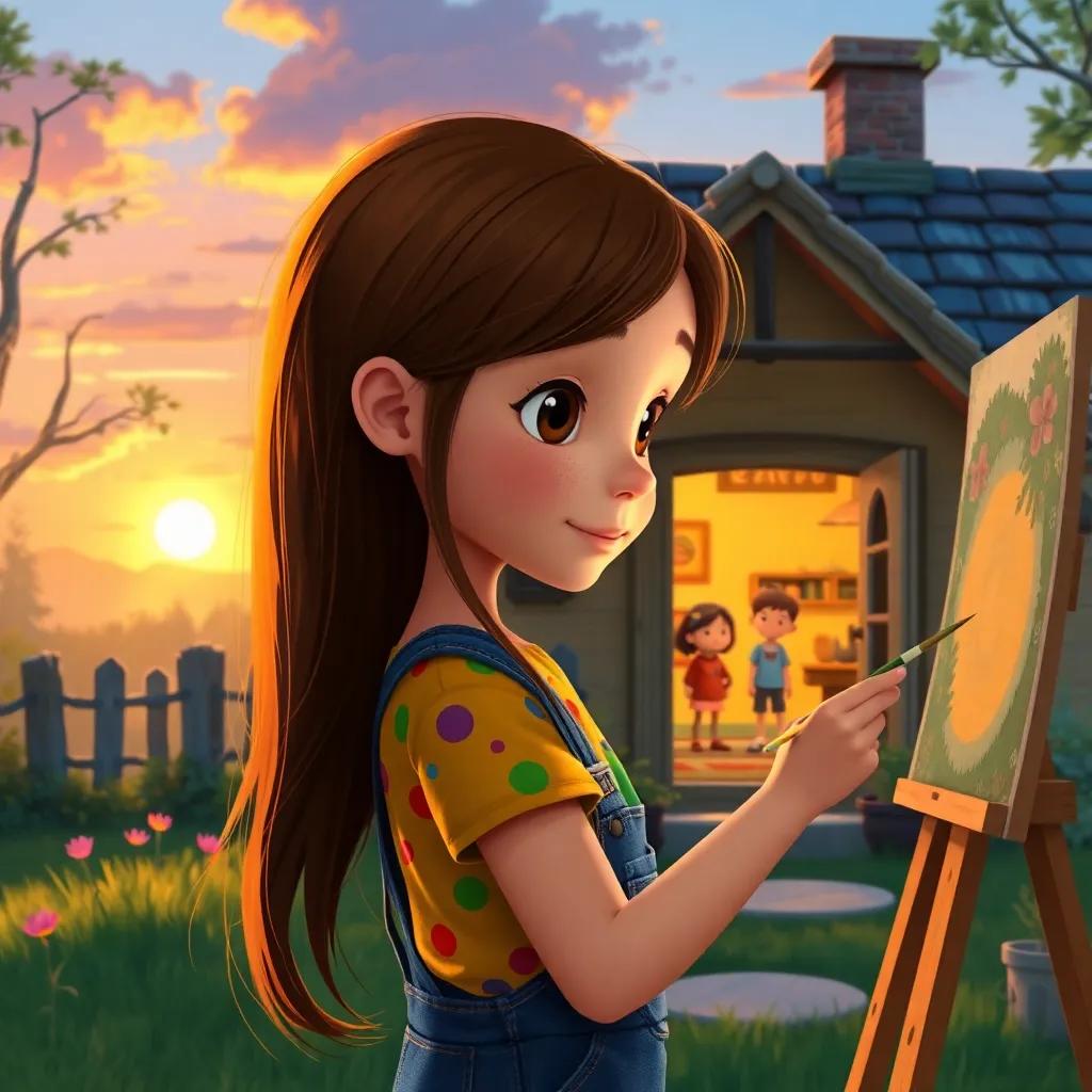 A young girl, Patty, with long brown hair, wearing a colorful tshirt and overalls, painting a cozy cottage with Mia and Jake inside as the sun sets outside, warm and inviting light, heartwarming atmosphere, digital painting