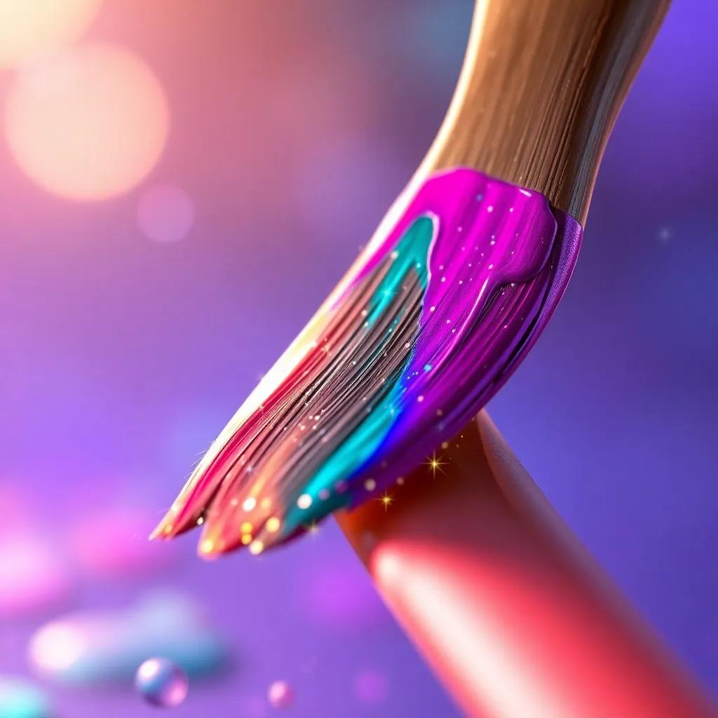 Close-up of a paintbrush with glimmering colors on it, symbolizing creativity and the adventures of Patty, surrounded by magical sparkles, inspiring and vibrant scene, crisp and detailed digital art