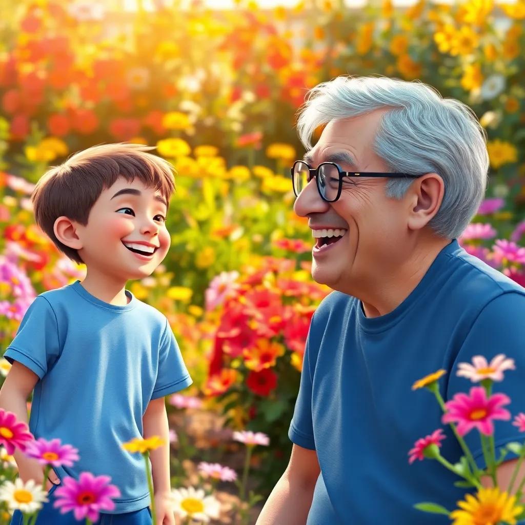 A bright garden with colorful flowers, a young boy, Timothy, with short brown hair, wearing a blue shirt and shorts, laughing with an older man, Paul, who has grey hair and glasses, smiling, digital art, cheerful, vibrant colors, warm sunlight, high quality