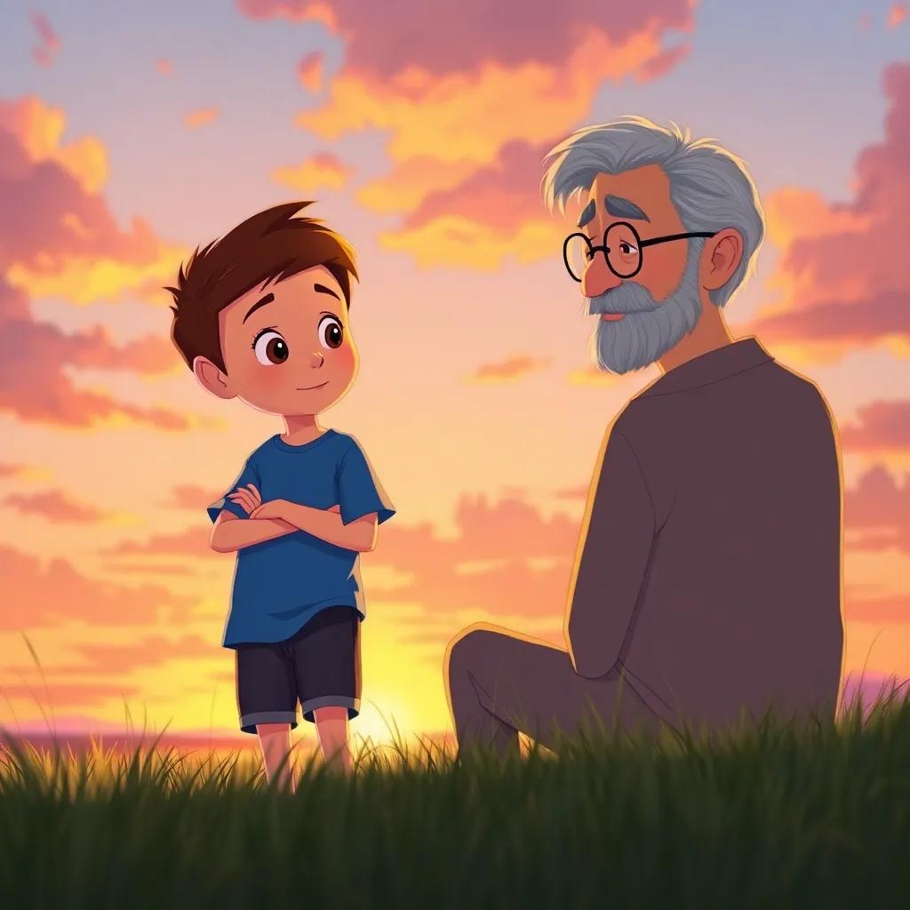 A sunset scene with Timothy, a young boy with short brown hair in a blue shirt and shorts, looking thoughtful, and Paul, an older man with grey hair and glasses, sharing wisdom, with soft hues of orange and purple in the sky, illustration, serene, heartwarming atmosphere, storytelling view
