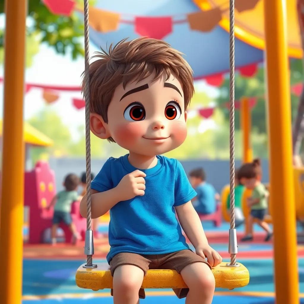 A young boy, Pedrinho, with short brown hair and wearing a bright blue t-shirt and brown shorts, sitting alone on a swing in a colorful playground, looking thoughtfully at other kids playing, cheerful atmosphere, digital art, vibrant colors, heartwarming scene, well-detailed
