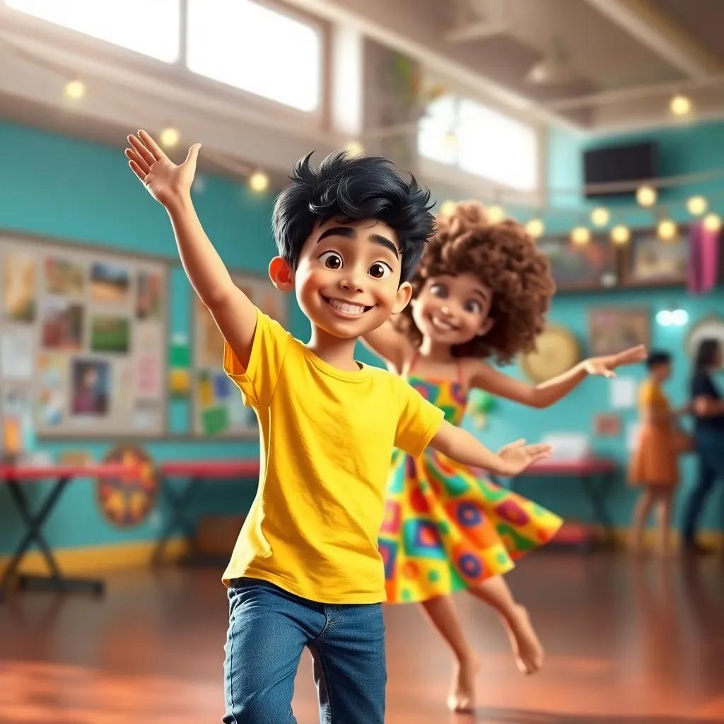 Pedro, a young Brazilian boy, with short black hair, wearing a bright yellow t-shirt and blue jeans, dancing joyfully with Larissa, a young Brazilian girl, with curly brown hair in a colorful dress, in a lively dance studio, bright colors, cheerful atmosphere, digital art, high quality