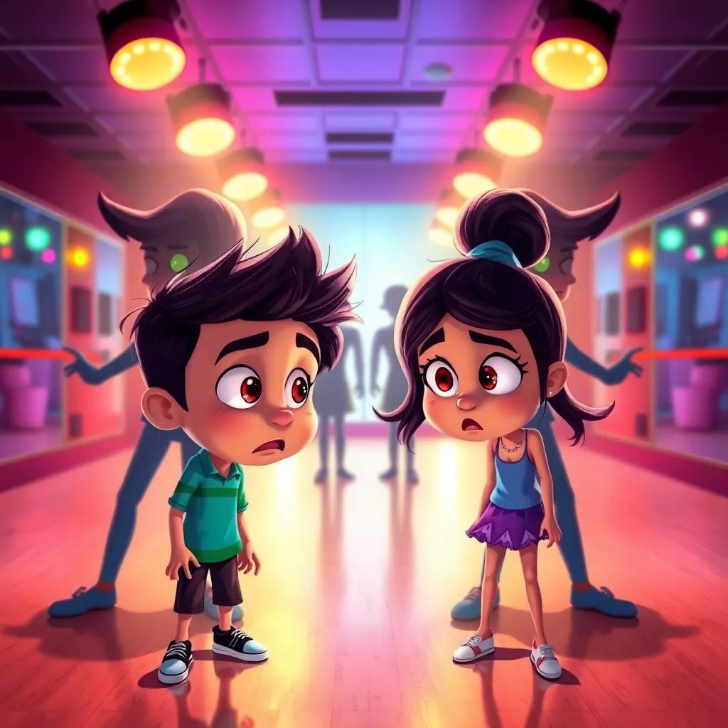 Pedro and Larissa, now with their evil clones appearing behind them, looking surprised and worried, the background showing the dance studio with mirrors and colorful lights, dramatic colors, action-packed scene, illustration, vibrant