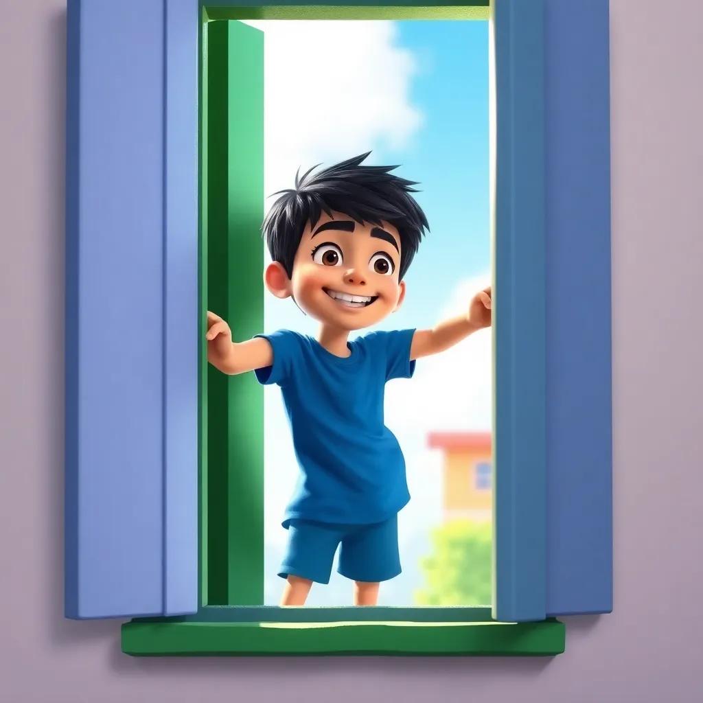 A brave boy, Pedro Henrique, with short black hair, wearing a blue t-shirt and shorts, looking out of a green and white house window, full of excitement, digital art, vibrant colors, cheerful atmosphere, high quality