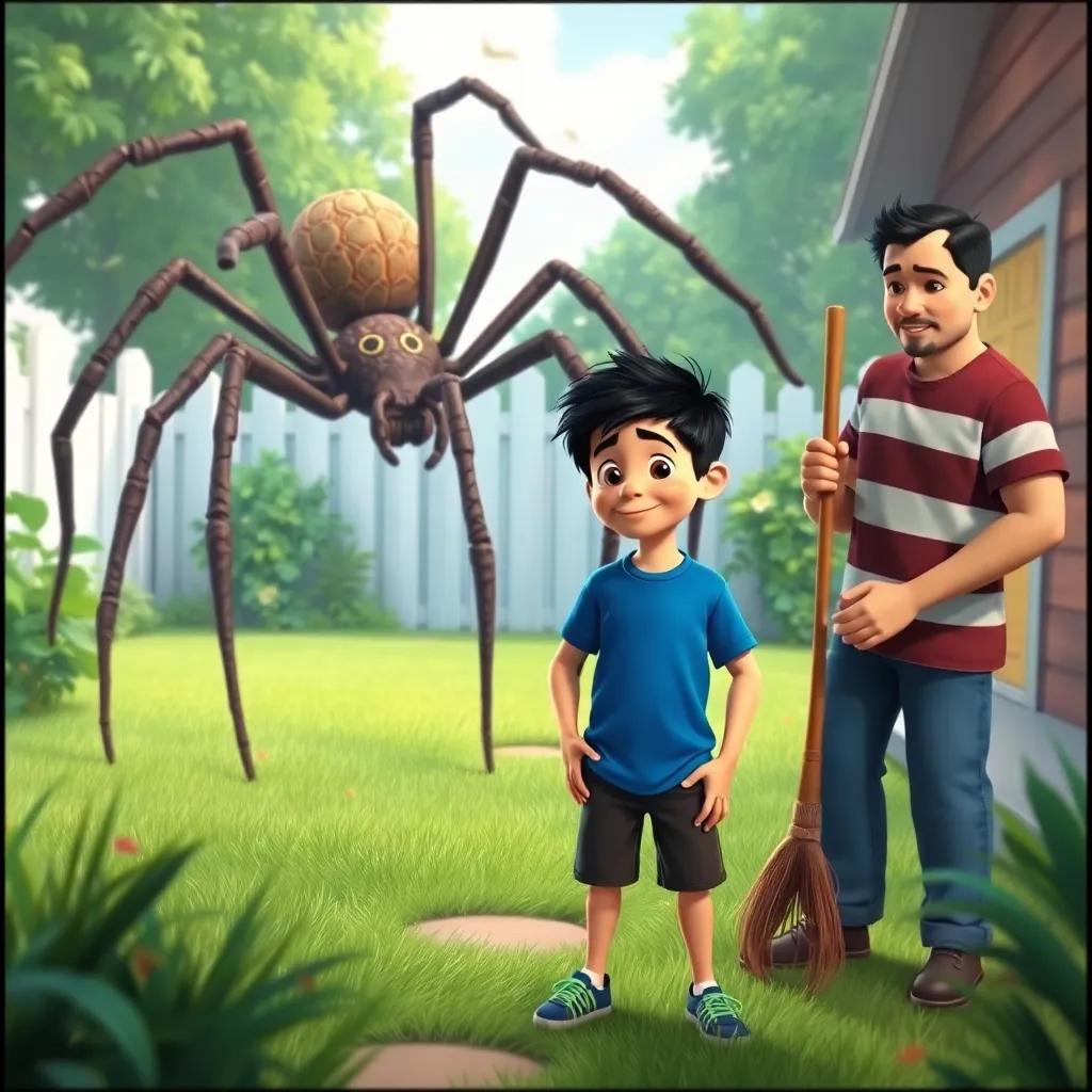 Pedro Henrique, a brave boy with short black hair in a blue t-shirt, standing in his green and white backyard, facing a giant spider with long legs, his father Jonatas holding a broom beside him, colorful, thrilling scene, high quality