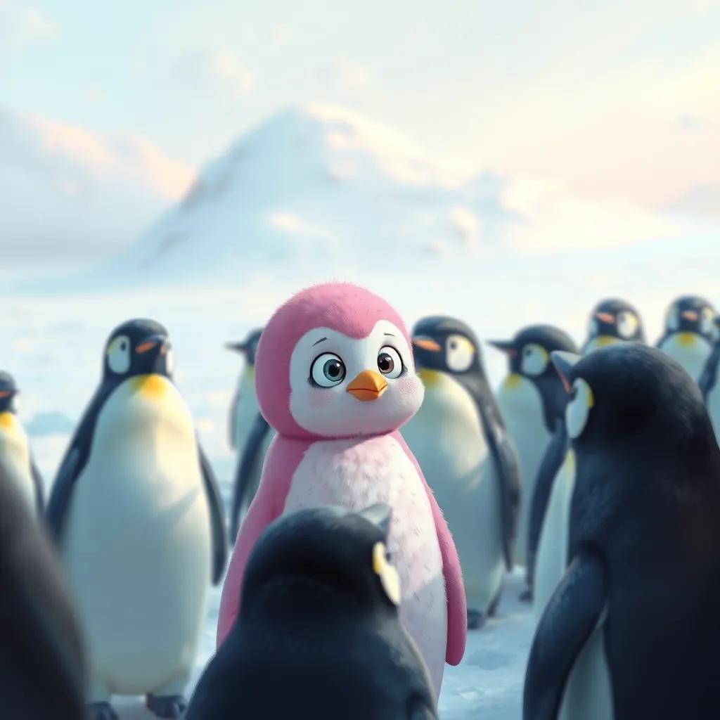 A pink penguin named Pembe, looking worried and shy among other penguins in a snowy landscape, digital art, soft pastel colors, gentle light, whimsical atmosphere, character-focused, high quality