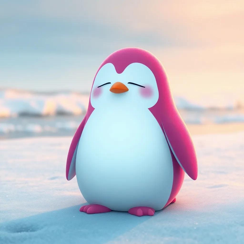 A cute penguin named Pembe, with a bright pink color, feeling sad and sitting alone on the snowy beach, looking at the waves, digital art, soft colors, melancholic atmosphere, high quality