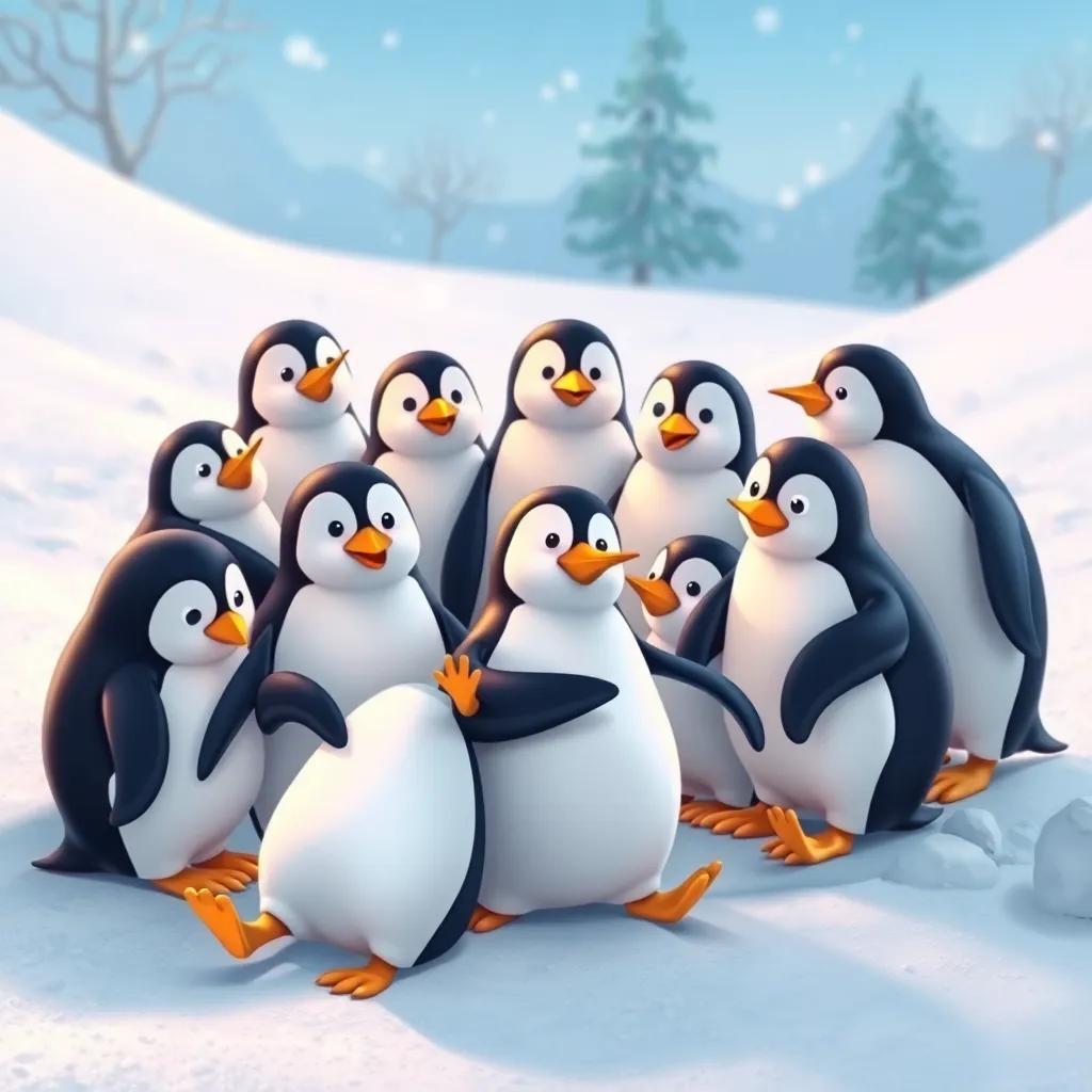 A group of ten penguins huddling together in the snow, some slipping and sliding while trying to stay warm, with one penguin trying to dance, digital art, cheerful colors, a whimsical snowy landscape, playful atmosphere, high quality