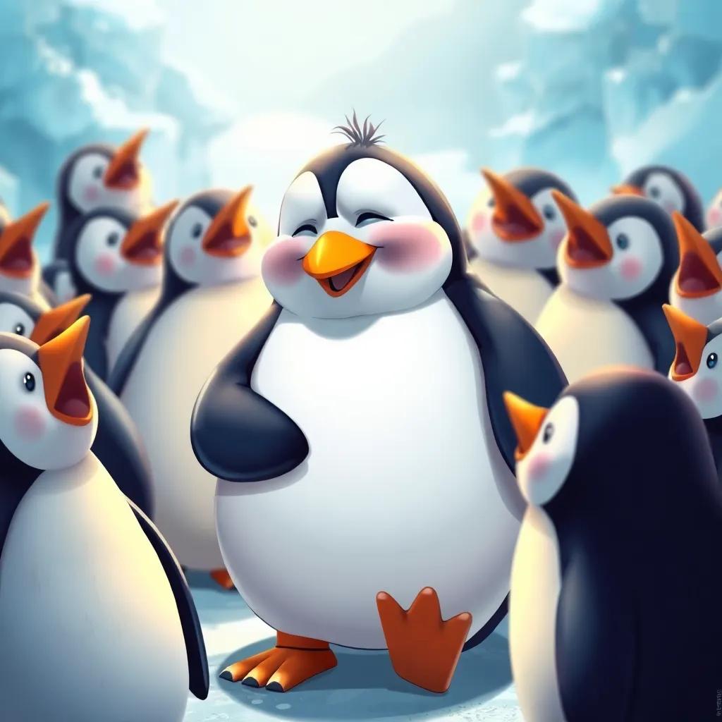 A chubby penguin with a bright orange beak telling funny stories, surrounded by laughing penguins in a huddle, icy backdrop with light reflecting off the snow, illustration, vibrant colors, a joyous scene, charming and inviting view, high quality