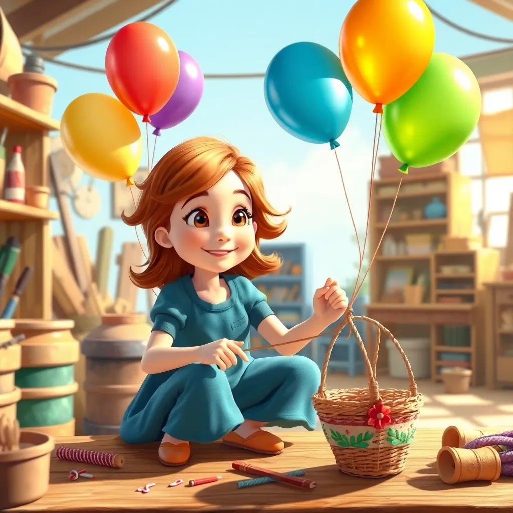 Penny working hard to create her unique flying machine, with colorful balloons, string, and her painted basket, in a bright, sunny workshop, detailed illustration, energetic, inviting feel, colorful background, high quality