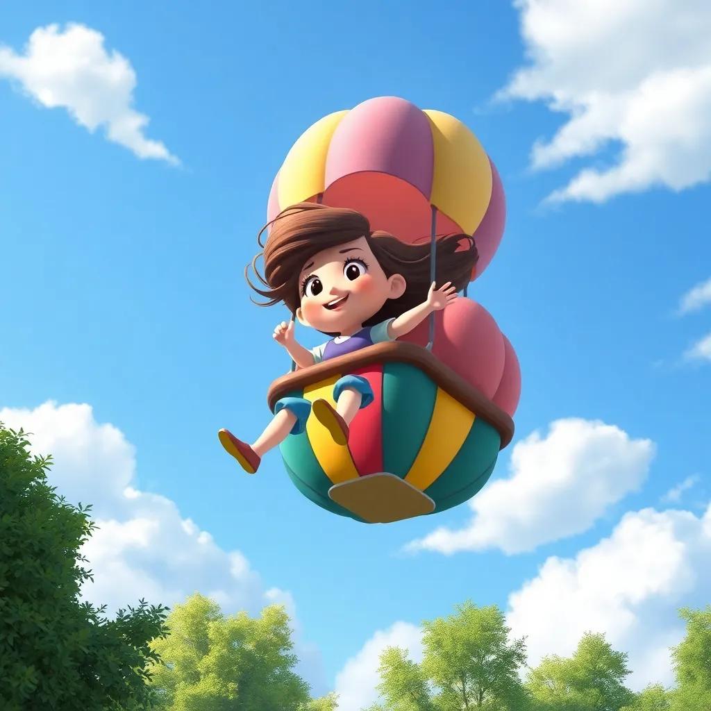 Penny soaring high above the trees in her colorful balloon, wind blowing through her hair, feeling happy and free, bright blue sky and fluffy white clouds, happy feeling, high quality