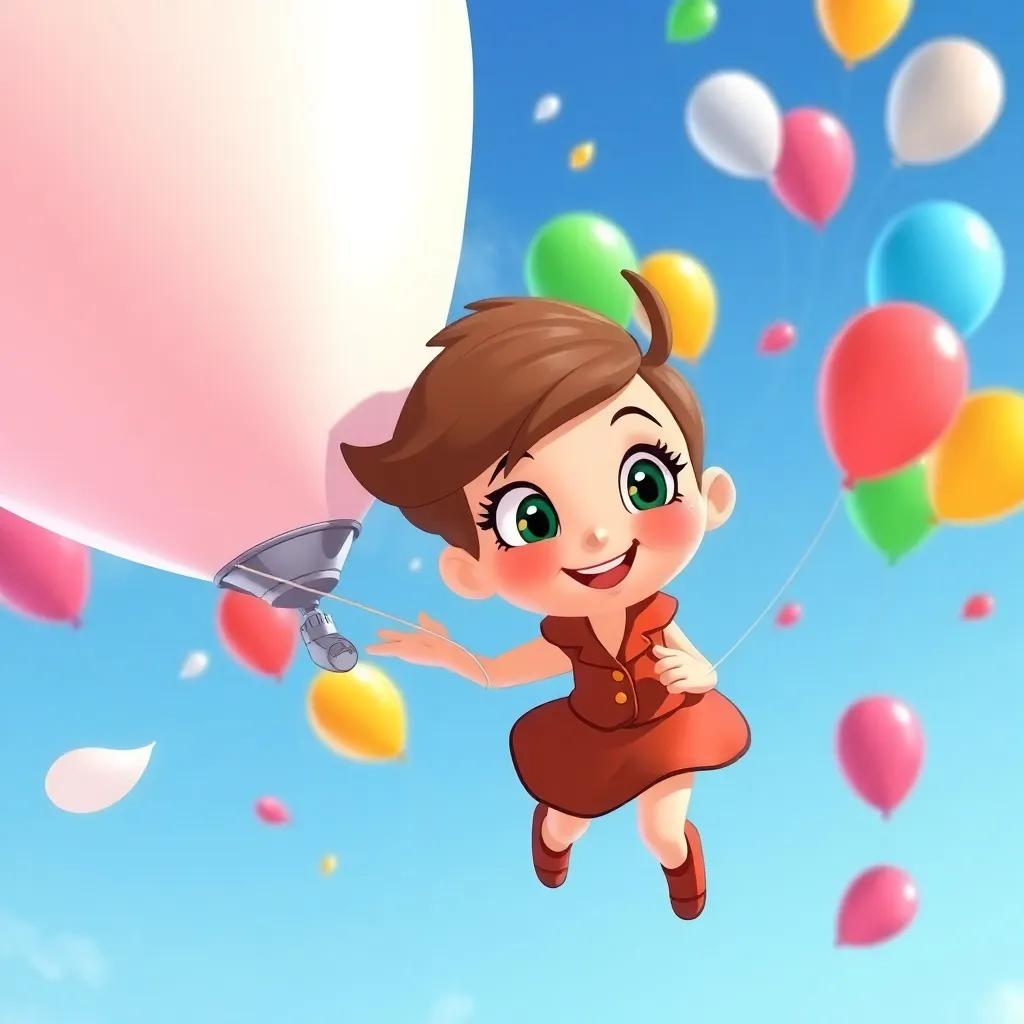 A gust of wind blowing Penny's balloon sideways, her face showing determination, colorful balloons around her, dynamic wind effects, cheerful illustration, uplifting atmosphere, high quality