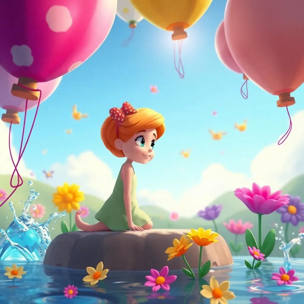 Penny watching her competitors fly interesting balloons, with splashing water and dancing flowers, thinking and learning, vibrant colors, playful feel, high quality