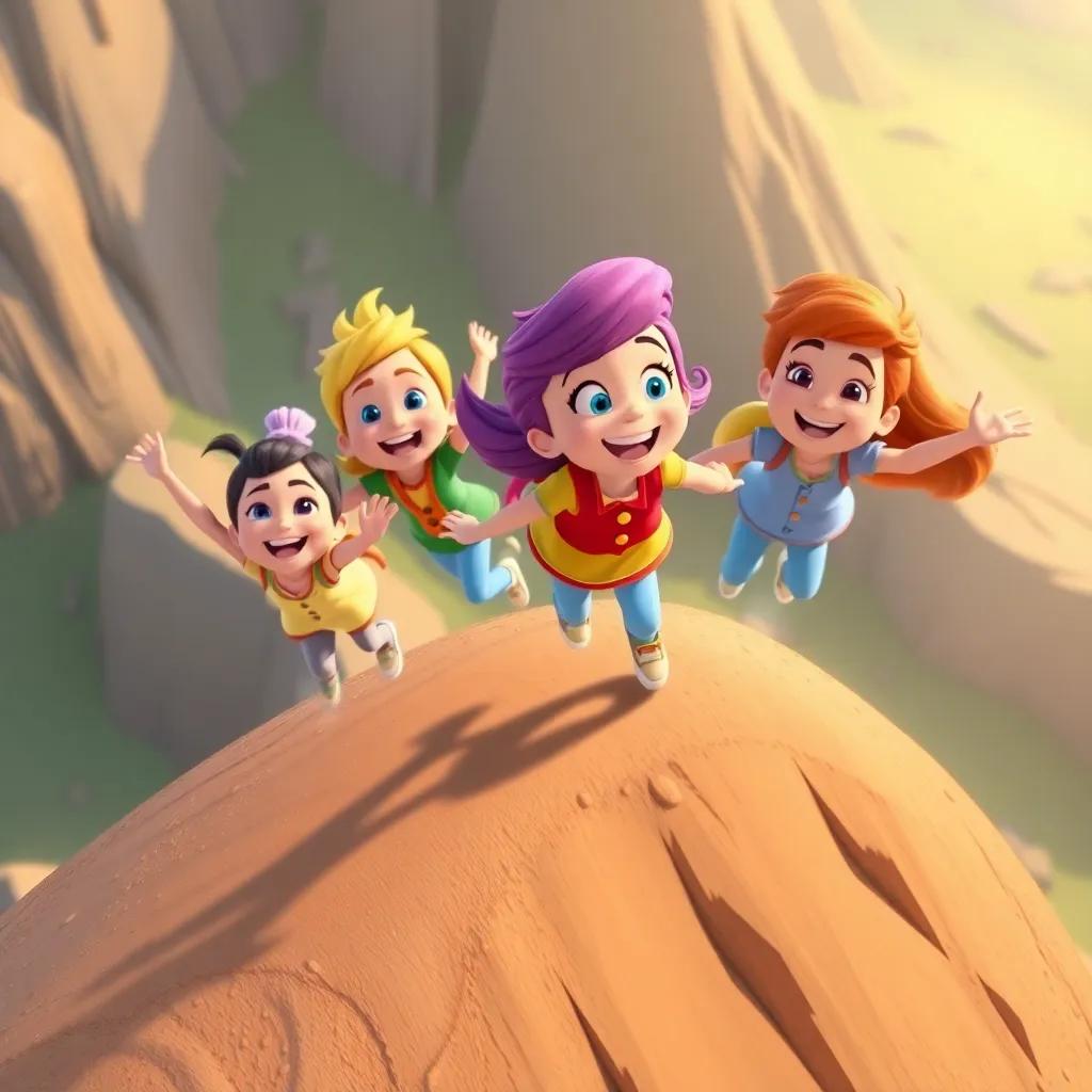 Penny and her friends working together, cheering and encouraging each other with smiles, flying over a big hill, teamwork atmosphere, bright colors, joyful scene, high quality