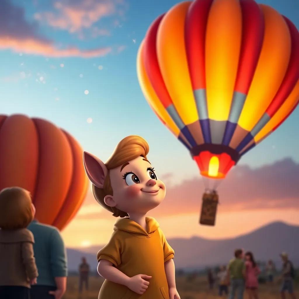 Penny looking proudly at her colorful balloon, smiling at her friends, thinking of future adventures, sparkly evening sky, warm colors, hopeful mood, high quality