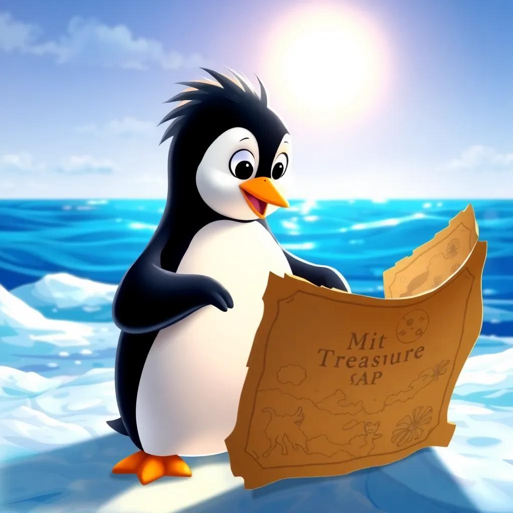 A little penguin, Penny, looking excitedly at an old treasure map on the icy shore, bright sun shining down, blue ocean waves, cheerful scene, digital art, vibrant colors, inviting atmosphere, high quality