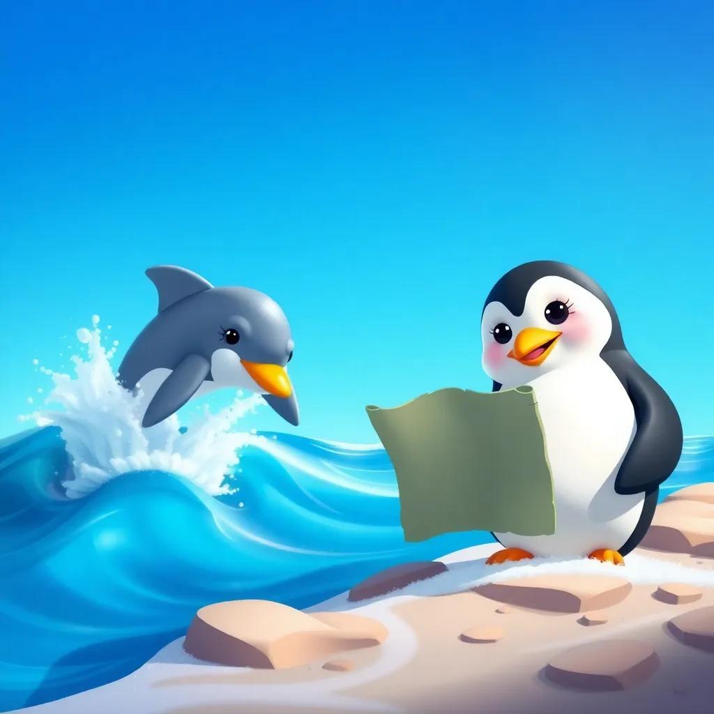 Penny, a little penguin holding the treasure map, with a dolphin jumping out of the water nearby, splashing waves, fun and lively, bright blue sky, colorful scene, cheerful and cartoonish, high quality