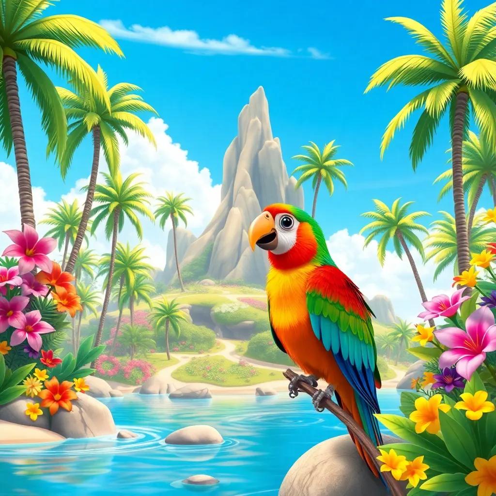 A magical island with tall palm trees and bright flowers, with Penny and a colorful parrot named Polly, sunny day, tropical vibe, friendly atmosphere, detailed illustration, vivid colors, high quality