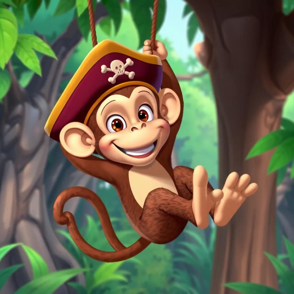 A friendly monkey named Max wearing a pirate hat, swinging from a tree, inviting Penny and her friends to join him, lush green jungle scenery, fun and adventurous, cartoon style, high quality