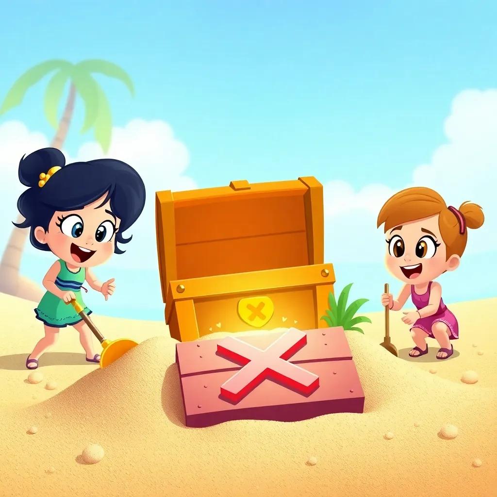 Penny and her friends digging excitedly in the sand to uncover the treasure chest marked with a big 'X', sunny day, playful energy, colorful treasure chest, friendship theme, digital art, high quality
