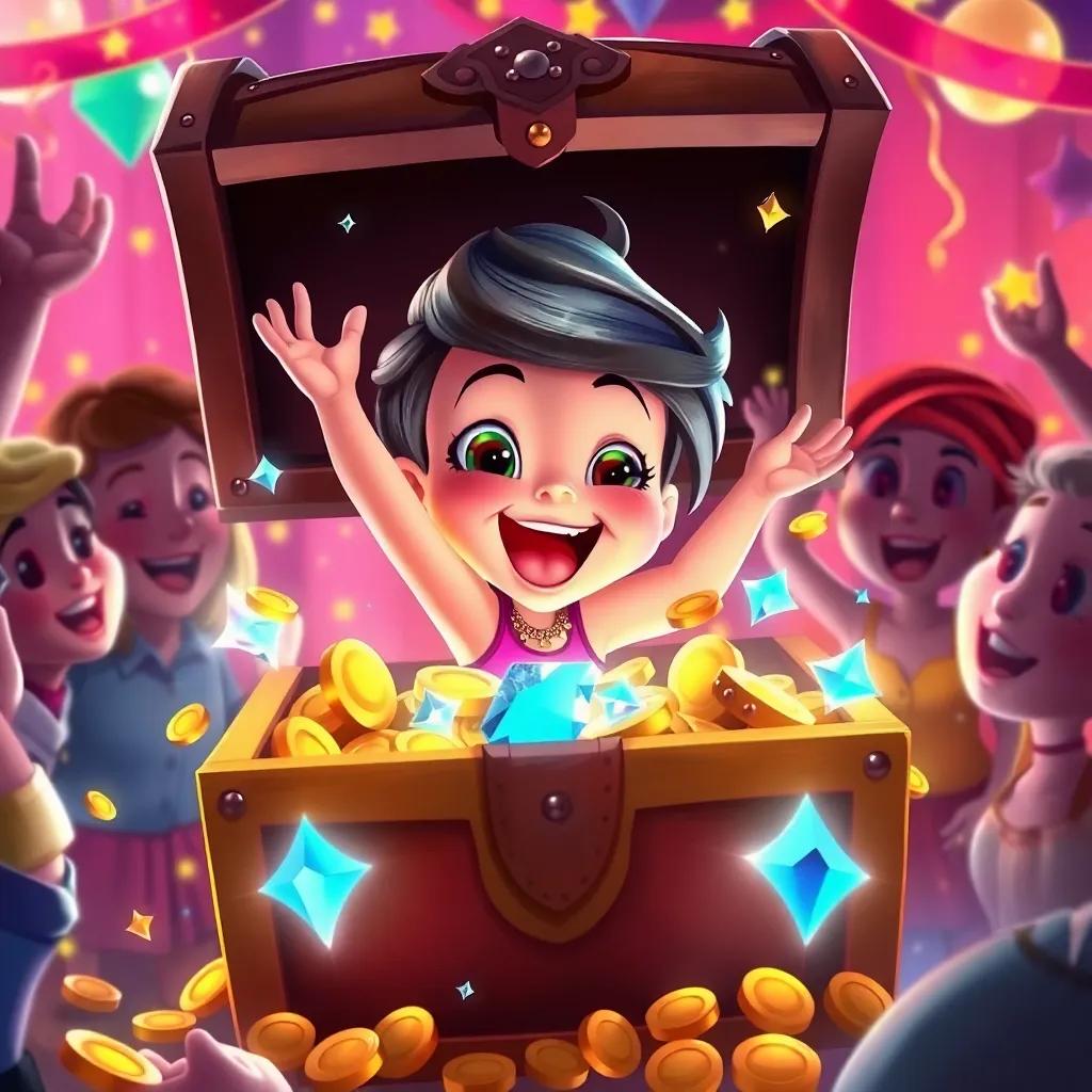 Penny joyfully opening the treasure chest filled with gold coins and sparkling jewels, surrounded by her friends celebrating, vibrant background, colorful and lively atmosphere, digital painting, high quality