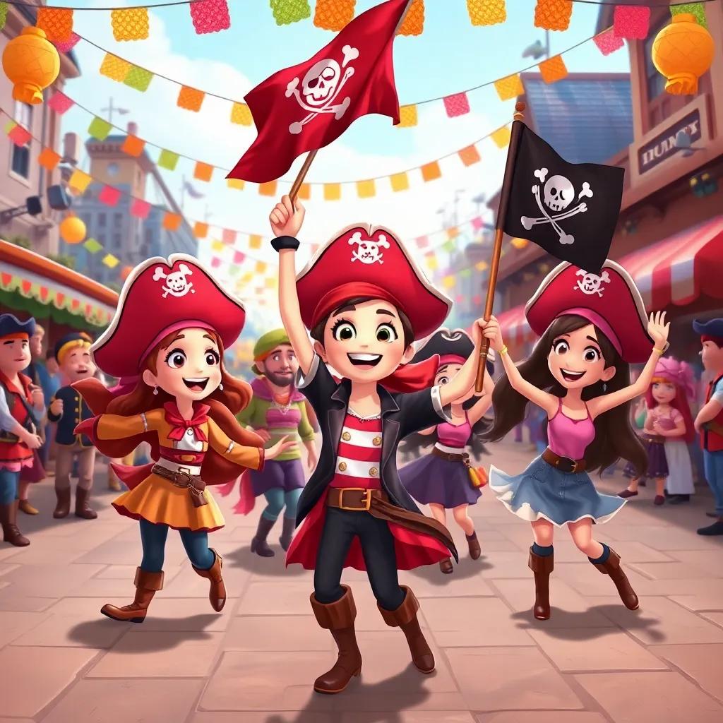 A grand pirate parade with Penny and her friends dancing around, waving a pirate flag, colorful decorations, lively scene, fun and adventurous vibe, illustration, high quality