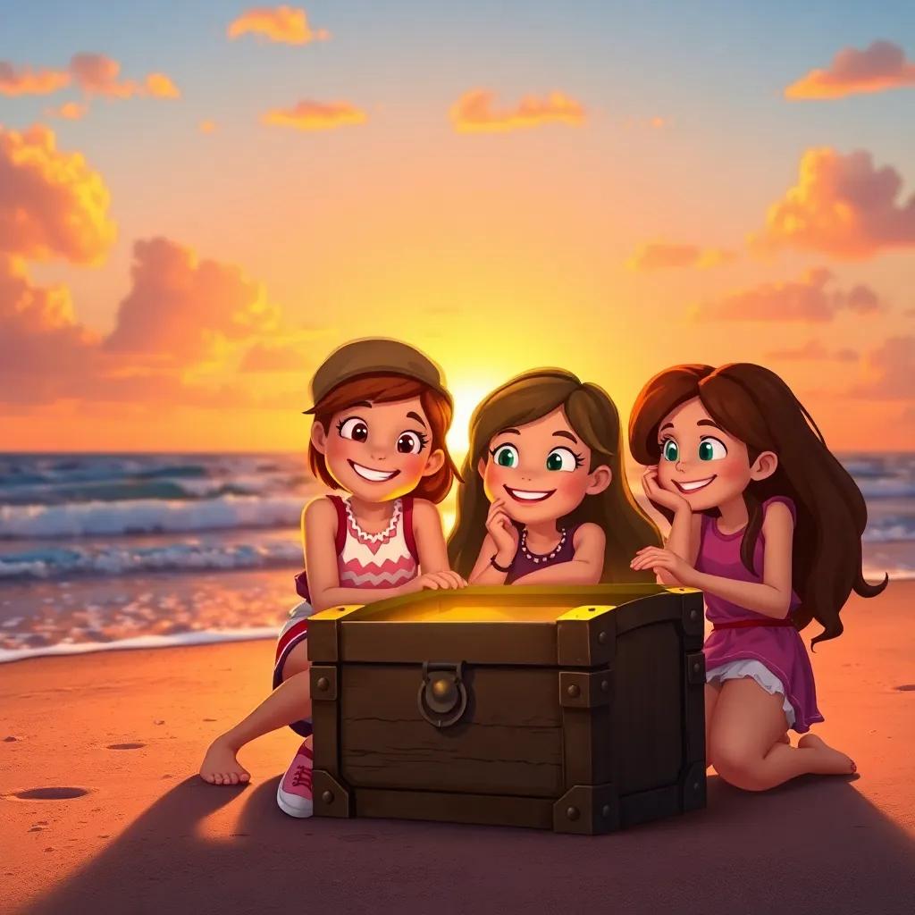 Penny and her friends smiling together with the treasure chest, enjoying the sunset on the beach, warm colors, friendship and adventure theme, heartwarming scene, digital art, high quality