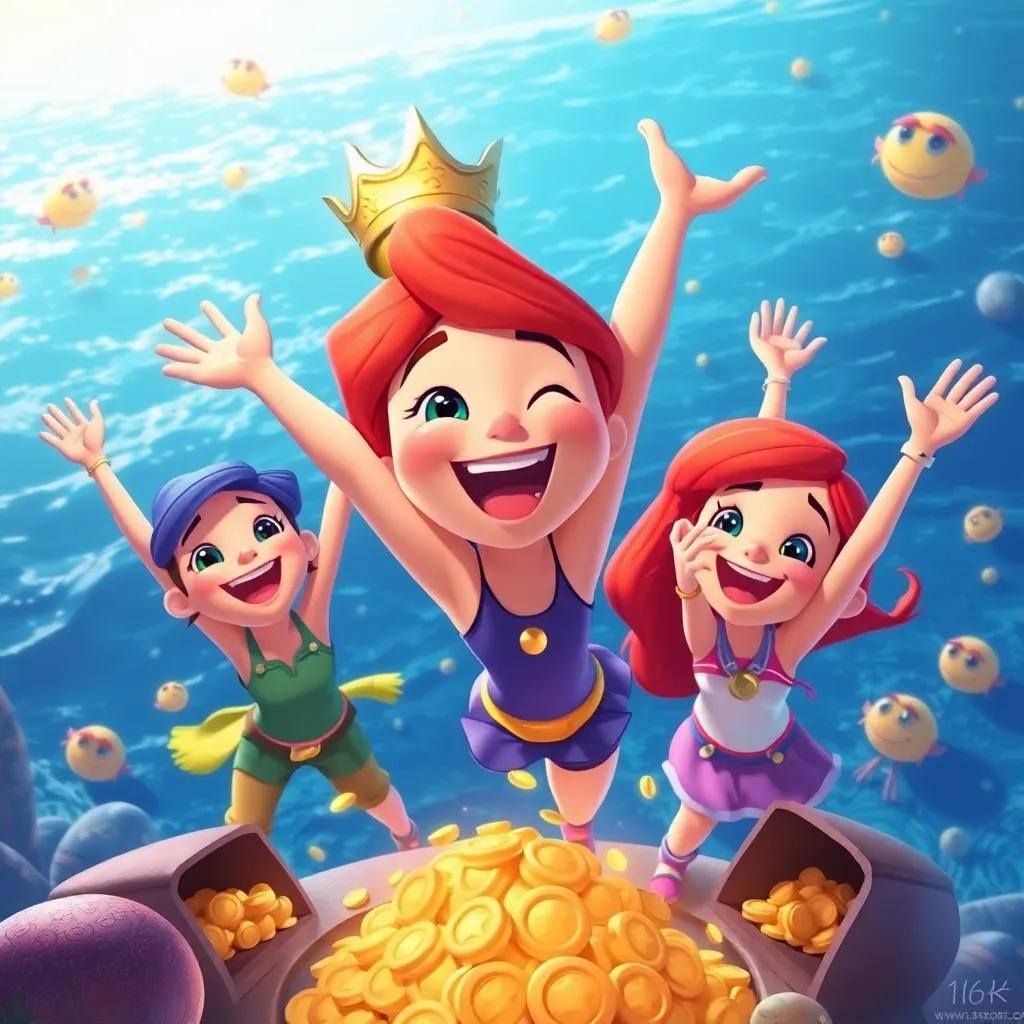 A joyful scene of Penny and her friends celebrating their victory, with the ocean in the background and treasure around them, vibrant atmosphere, playful and adventurous feel, digital art, high quality