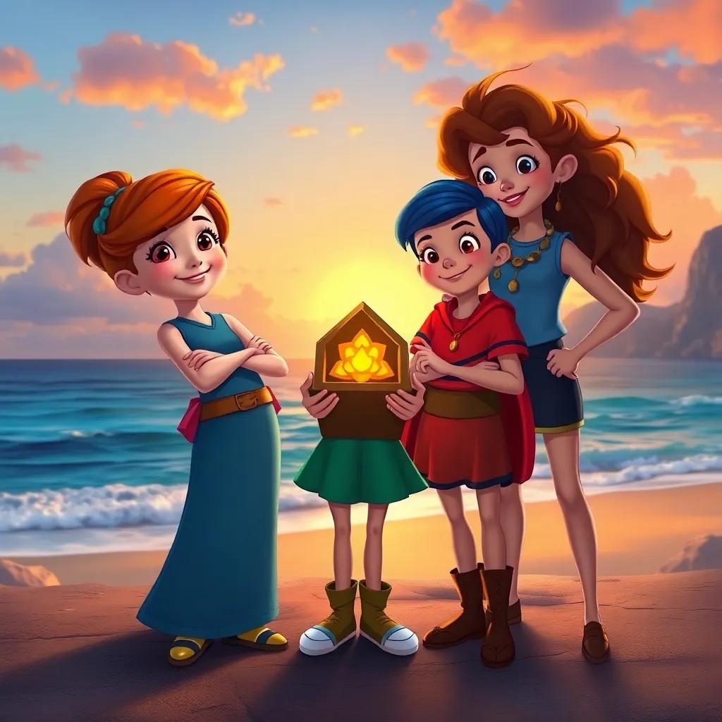 Penny and her friends standing together proudly, showing off their treasure, with a beautiful view of the ocean behind them, warm sunset colors, friendship and bravery theme, digital painting, high quality