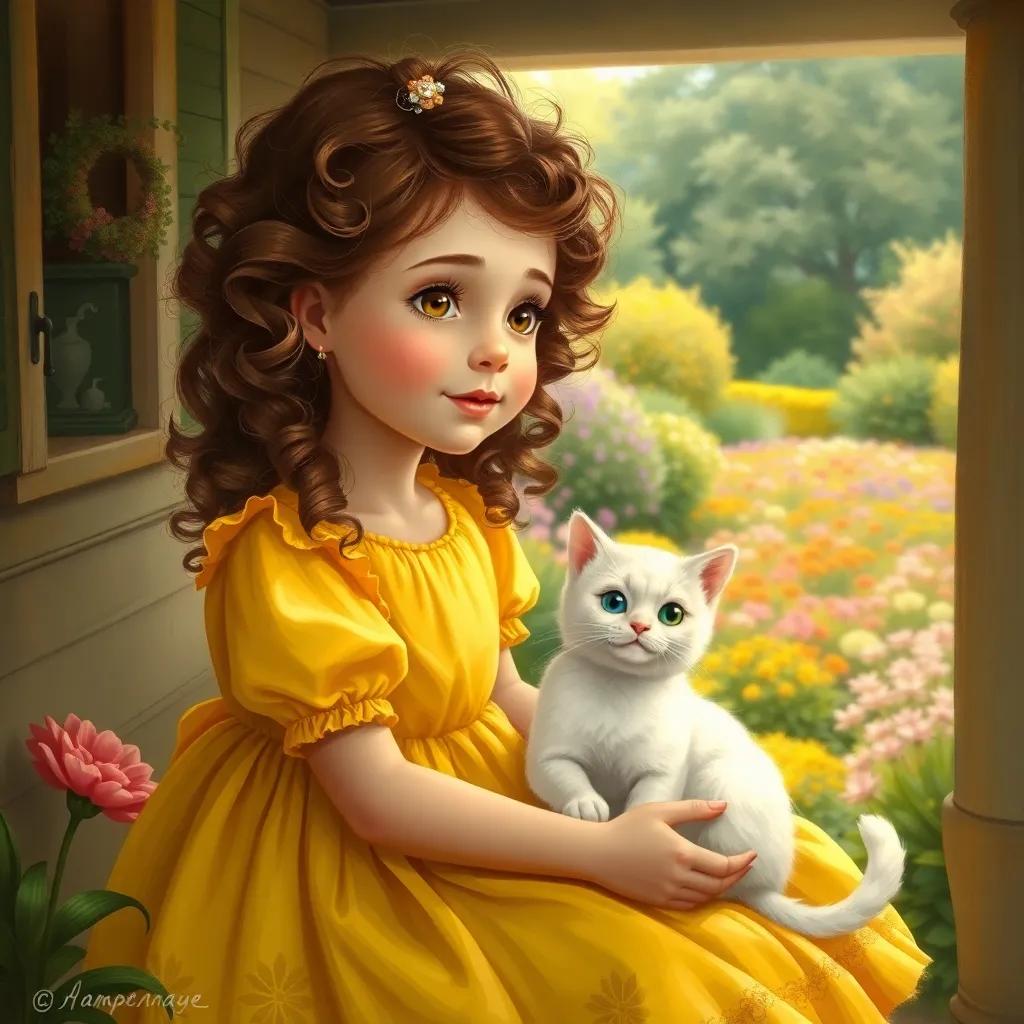 Penny, a young girl with curly brown hair and a bright yellow dress, sitting with her soft white cat named Whiskers on a porch, looking at a colorful garden, warm light, peaceful atmosphere, storytelling view, child-friendly