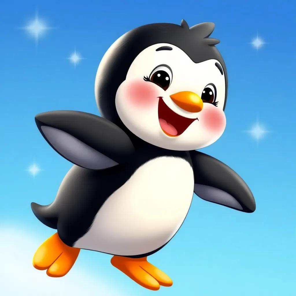 A little penguin, Penny, with shiny black feathers and a bright orange beak, flapping her wings and smiling in the bright blue sky, magical sparkles around her, cheerful atmosphere, colorful, child-friendly
