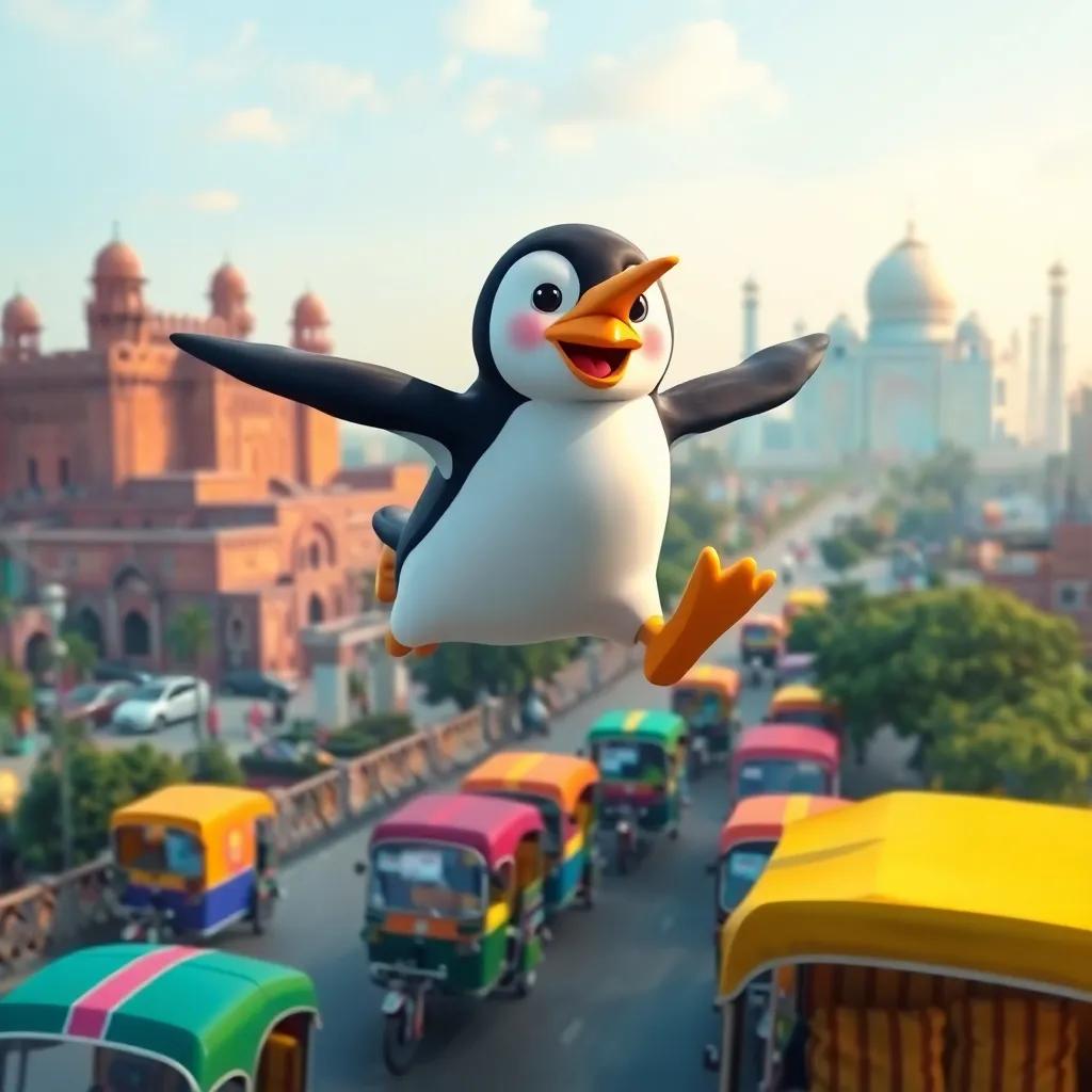 Penny the flying penguin soaring over Delhi, with colorful rickshaws below, the Red Fort and Taj Mahal visible in the background, vivid colors, joyful scene, high quality