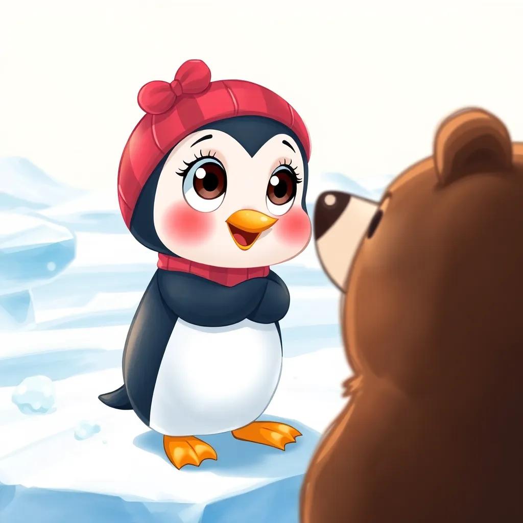 A cute girl penguin named Penny, with big expressive eyes, standing on ice looking curiously at a bear, snowy landscape, cheerful atmosphere, bright colors, detailed illustration, engaging perspective