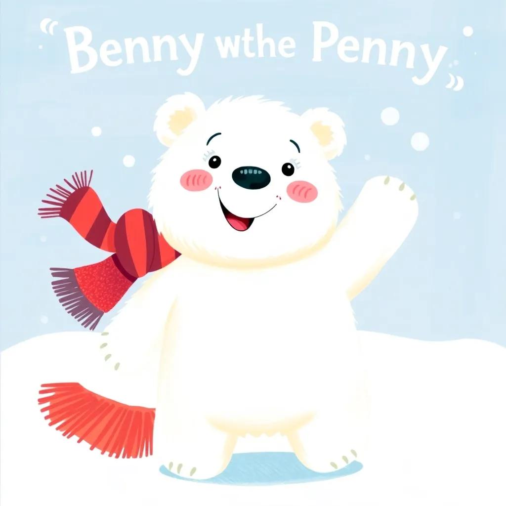 Benny the fluffy bear, a friendly character with soft white fur, smiling and dancing in the snow with Penny, snowy background, playful and vibrant, child-friendly art