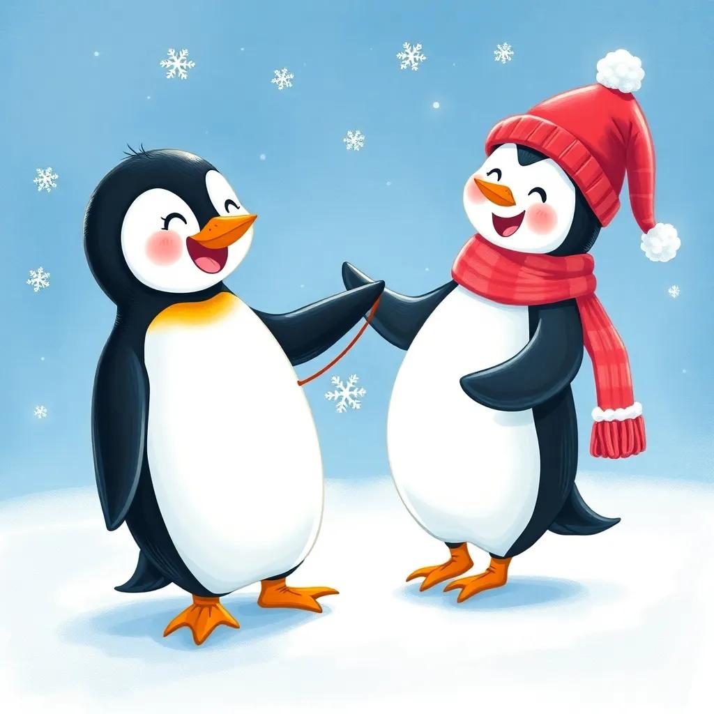 Penny the Penguin giggling while Benny twirls around her, showcasing their warm friendship through dance on the ice, swirling snowflakes, joyful scene, bright light, inviting