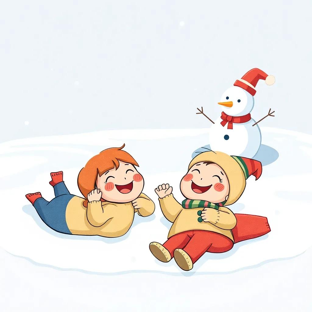 Penny and Benny lying on the ice laughing, having fun while looking at the sky, a cute snowman they built in the background, warm and friendly scene, cheerful